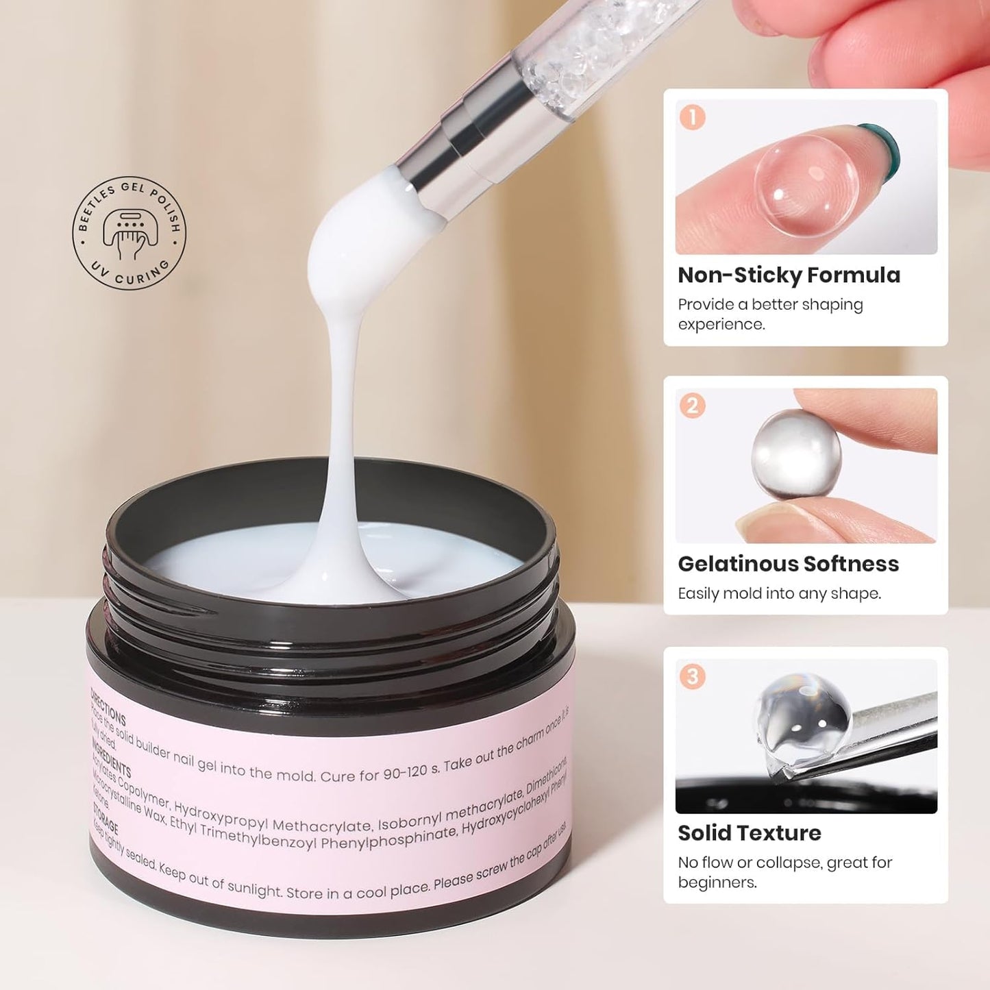 Beetles Solid Builder Nail Gel 1 oz White 3D Sculpting Gel for Nail Art Non-Sticky Extension with Rhinestones & Pearls and Rhinestones Glue Double-Head Pen DIY Salon Home for Women-BrightBean Baby