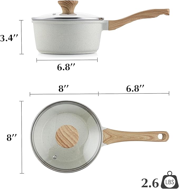 SENSARTE White Ceramic Nonstick Saucepan Set with Lid - 2.0 + 2.5 QT White Granite