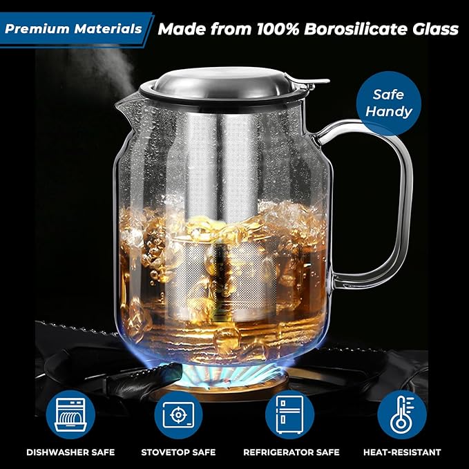 Aquach 68oz Glass Teapot with Stainless Steel Removable Infuser, Stovetop & Dishwasher Safe, Perfect for Brewing Loose Leaf Tea