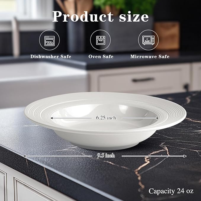 JUAN & JASMIN 24 oz Soup Bowl Set, 9.5 inch, Ribbed Rim Design, 2-Piece, Deep Dish Plate- Ideal Serving for Soup, Pasta, Dessert and Salad, Microwave & Dishwasher Safe