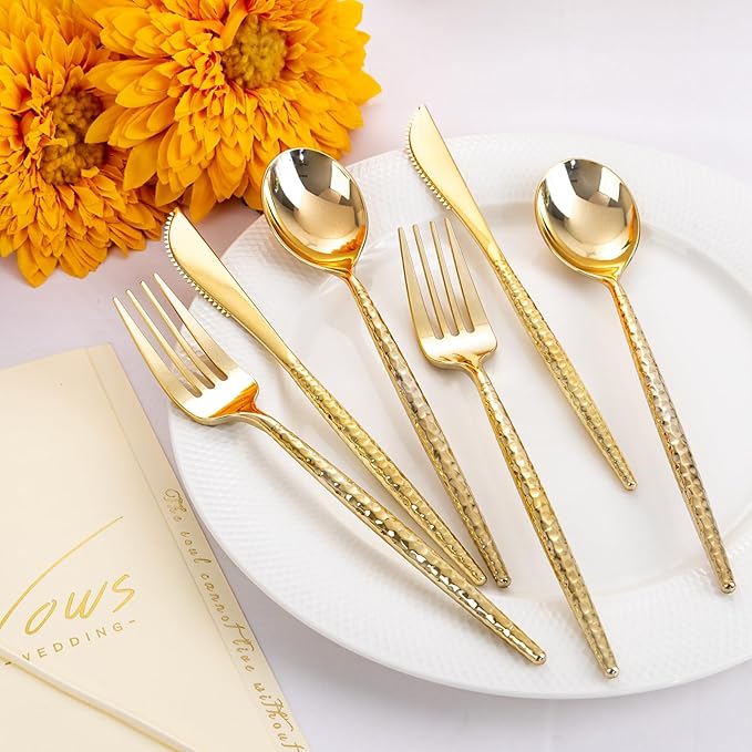 Rubtlamp 90Pcs Thanksgiving Gold Plastic Silverware, Gold Disposable Thanksgiving Utensils, Hammered Plastic Silverware, Gold Plastic Forks And Spoons Set Include 30 Forks, 30 Knives,30 Spoons