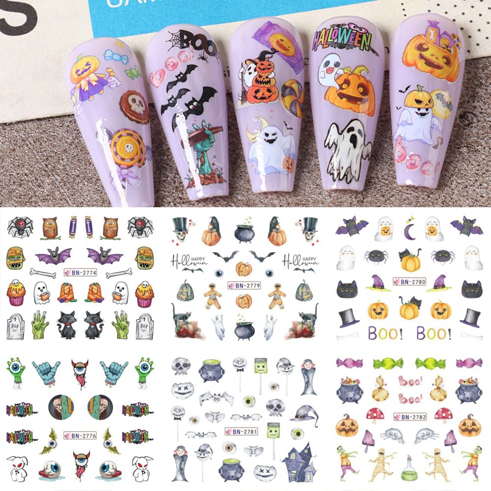 Halloween Nail Stickers 12 Sheets Pumpkin Halloween Nail Art Supplies Decorations Water Transfer Nail Decals Cute Ghost Witch Bat Skeleton Spider Design Watermark Slider Nail Foils for Women DIY-BrightBean Baby