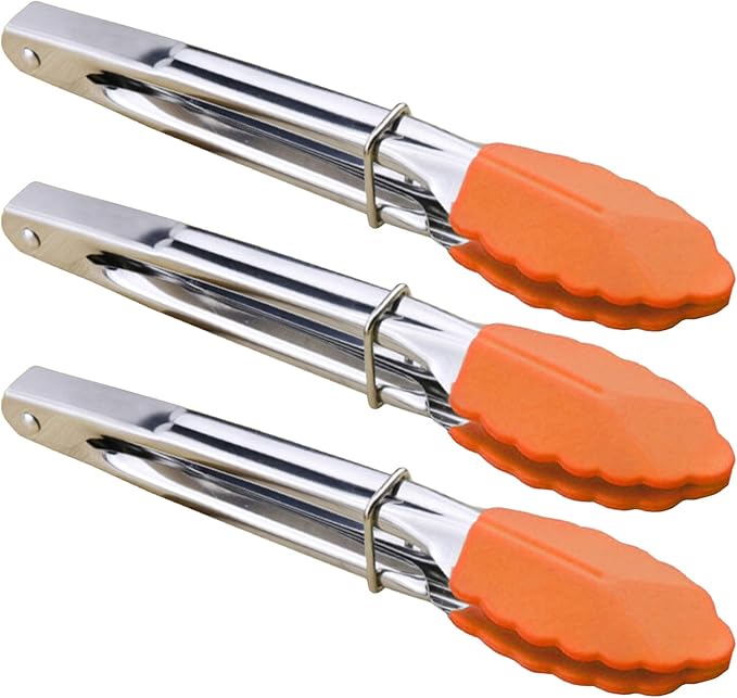 Appetizer Tongs 7-Inch Silicone Tipped Kitchen Tongs, Set of 3 (Orange)
