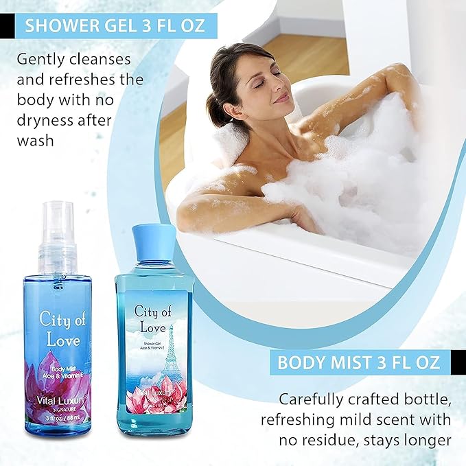 Bath & Body Kit - Body Lotion, Shower Gel, Body Cream, and Fragrance Mist, 3 Fl Oz each, in City of Love, Ideal Skincare Gift Home Spa Set for luxurious indulgence-BrightBean Baby