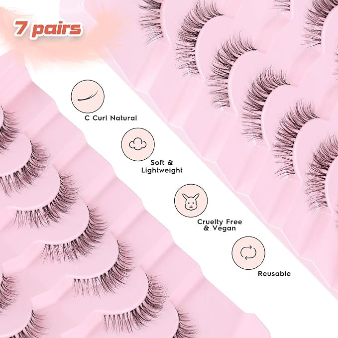 Eyelashes Natural False Lashes 14mm Eye Lashes with Thin Band 3D Volume Fake Eyelashes C Curl Wispy Lashes Natural Look 7 Pair-BrightBean Baby