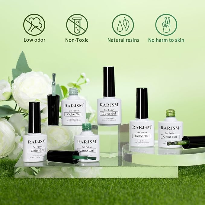 RARJSM Green Jelly Glass Gel Nail Polish Set 6pcs Clear Crytal Army Dark Jade Sage Green Transparent Sheer Amber Series Milky Diamond Cat Eye Gel Varnish LED UV Curing Requires-BrightBean Baby