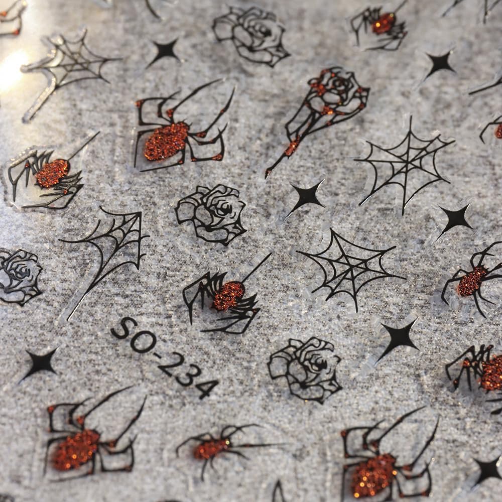 6Sheets Halloween Nail Art Stickers Decals, 3D Spider Nail Sticker Halloween Nail Decoration Self-Adhesive Black Red Silver Glitter Star Spider Web for Nails Stickers DIY Manicure Art Decoration-BrightBean Baby