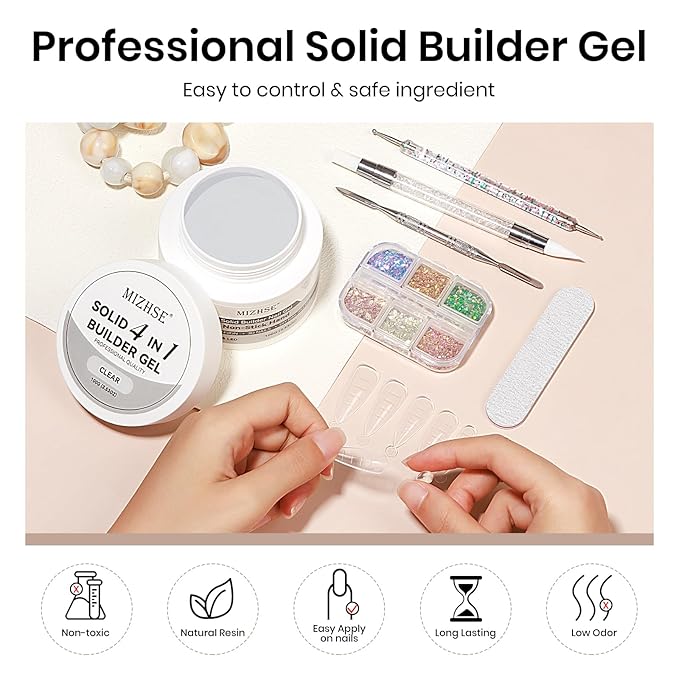 MIZHSE 100g Solid Builder Gel for Nails, Large Capacity Clear Hard Gel 3D Sculpting for Nail Art U V LED Builder Kit with 3D Silicone Pen, for Salon Home DIY-BrightBean Baby