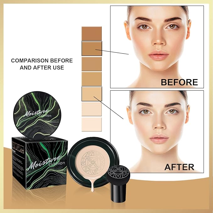 Mushroom Head Air Cushion CC Cream, Long-Lasting Brightening BB Cream Foundation With Powder Puff for Face Makeup and Mature Skin, Moisturizing Full Coverage Self Adjusting Concealer (Natural)-BrightBean Baby