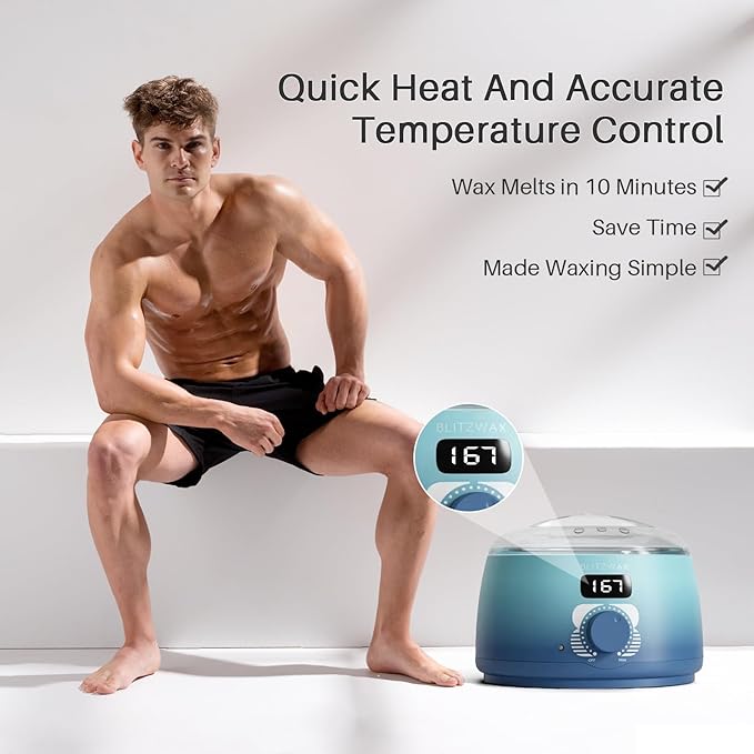 BLITZWAX Back and Nose Waxing Kit for Men, Hard Wax Warmer for Brazilian, Body and Face, At Home Hair Removal Kit, Beginner Friendly, Quick Heating, 93 Accessories, Blue Waves-BrightBean Baby