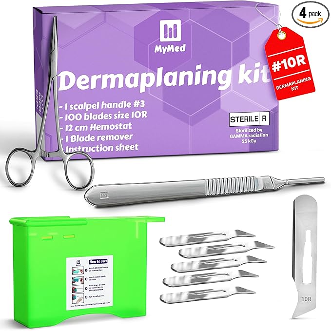 10R Blades Dermaplaning Kit Containing 10r Blades Scalpels Pack of 100 with Scalpel Handle #3 + 10R Scalpel Blade Remover Box + Hemostat by Mymed-BrightBean Baby