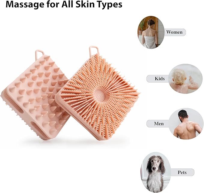 2 PC Silicone Exfoliating Body Scrubber, Silicone Body Shampoo Brush, Soft Silicone Loofah for Sensitive Skin, Shower Silicone Hair Scalp Massager, Easy to Clean, Lather Well(Gray&Pink)-BrightBean Baby