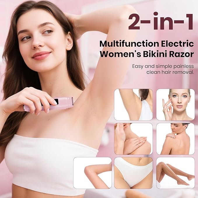 Bikini Trimmer for Women,IPX7 Waterproof Painless Electric Razors for Trip,Portable&Easy Cleaning Lady Underarm Pubic Leg Arm Body Face,Electric Shaver for Travel&Shower Use,Gifts for Women,Pink-BrightBean Baby