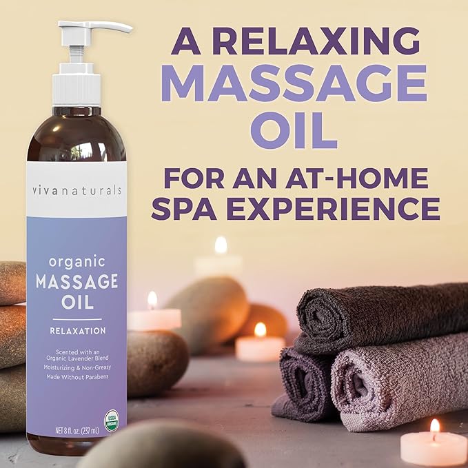 Viva Naturals Organic Massage Oil (8 fl. oz.) - Lavender Scented Non-Greasy Body Massage Oil with Mess-Free Pump, Moisturizing Massage Oils for Massage Therapy, Non-GMO and Certified Organic, 237 mL-BrightBean Baby