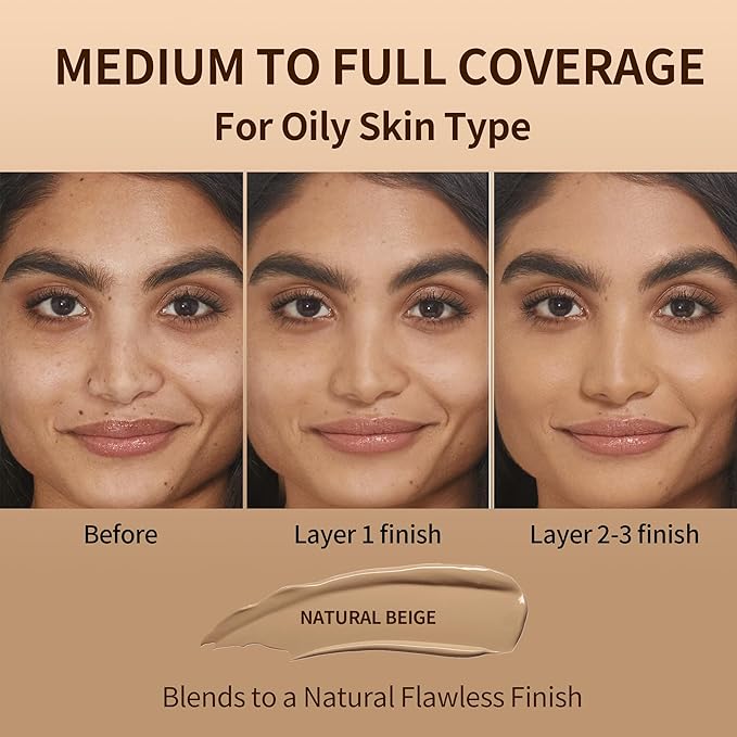 FV Full Coverage Liquid Foundation Makeup, Long Lasting Matte Foundation with Flawless Finish, Concealing & Minimizing Pores, Oil Control Waterproof for Oily Combination Skin, 1 Fl. Oz (Natural Beige)-BrightBean Baby