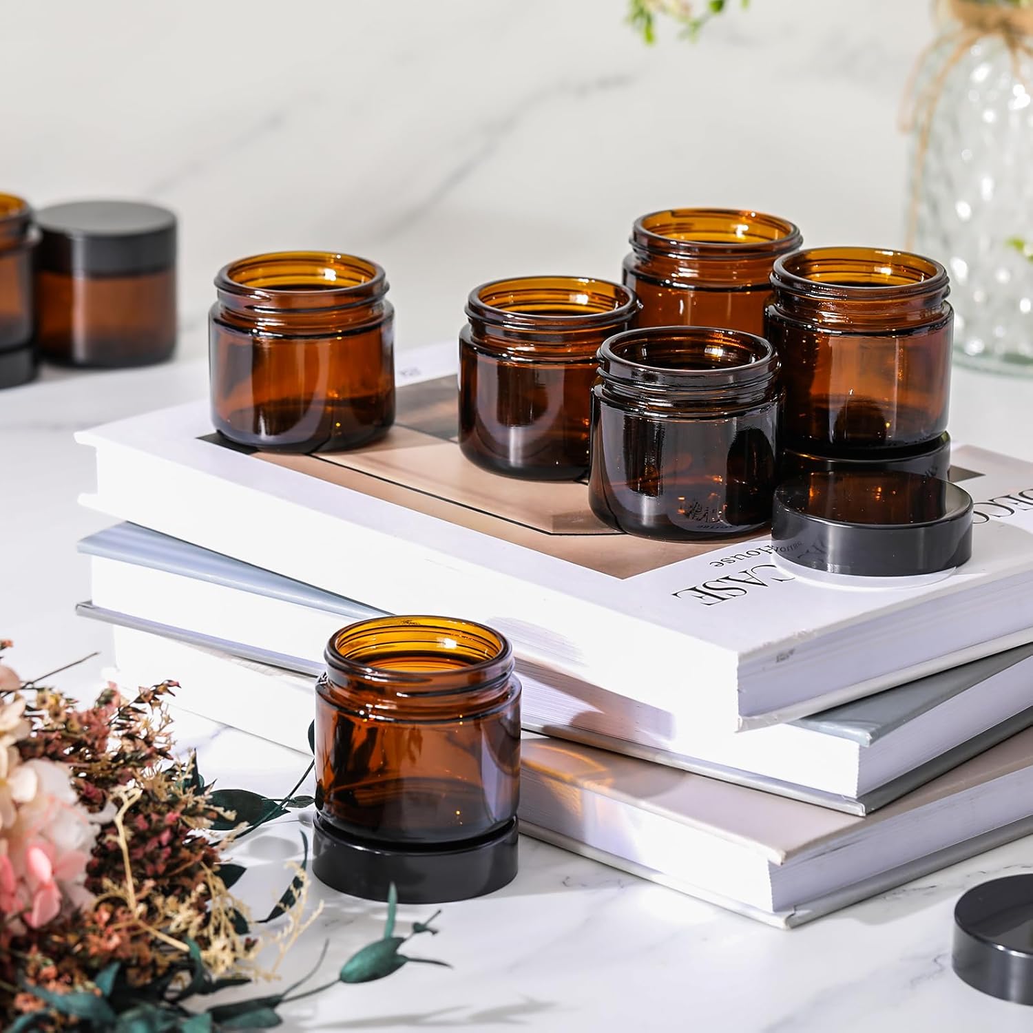 Domensi 32 Pcs 2 oz Glass Jars with Lids Travel Size Round Leakproof Empty Cosmetic Jars with Inner Liners Lid for Storing Makeup Lotions Face Cream Ointments Candle DIY Making (Amber)-BrightBean Baby