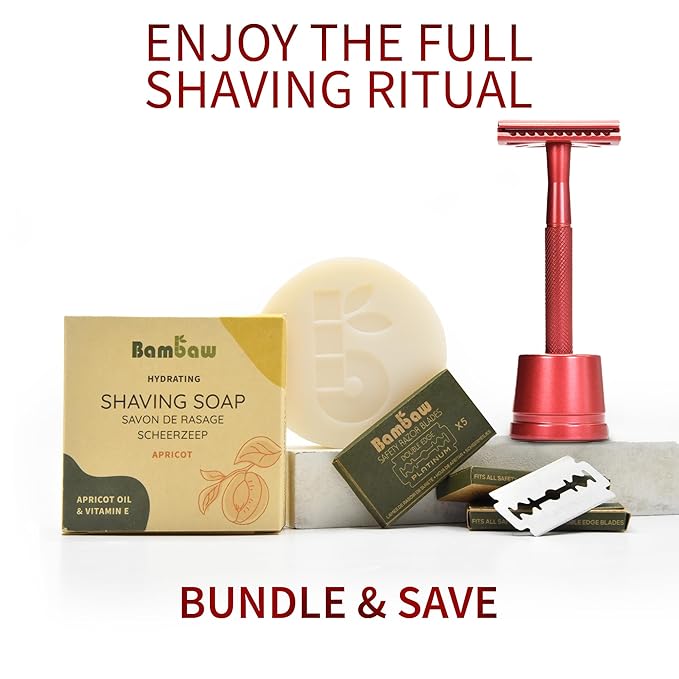Bambaw Single Blade Double Edged Safety Razor with 5 Blades, Durable Metal Razor for Men & Women, Reusable & Plastic Free Double Edge Safety Razors for Men – Red