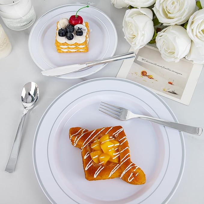 EI 360pcs Silver Plastic Silverware,Plastic Spoons and Forks,Plastic Silverware Heavy Duty,Disposable Plastic Cutlery include 120pcs Plastic Forks,120pcs Plastic Spoons and 120pcs Plastic Knives