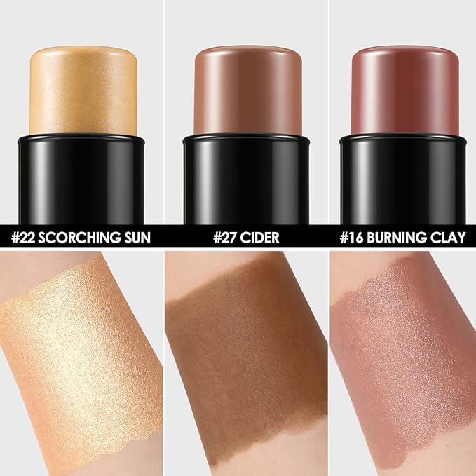 FOCALLURE 3 Pcs Cream Contour Sticks,Shades with Highlighter & Bronzer & Blush,Non-greasy Long-wear Face Contouring Pen,Easy to Sculpt the Face and Create a Lightweight Finishing Makeup,MEDIUM-WARM-BrightBean Baby