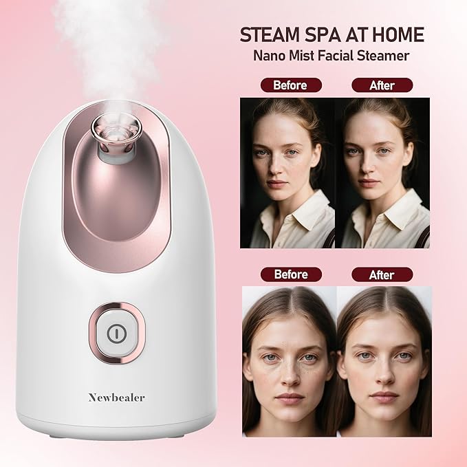Newbealer Facial Steamer, Mini Aroma Face Steamer, Nano Ionic Hot Mist Face Humidifier for Facial Deep Cleaning, Home Sauna Spa Sprayer with 9 Pieces Acne Remover Kit (White-Gold, 160 ML)-BrightBean Baby