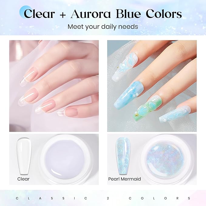MIZHSE Non-Sticky Solid Builder Gel, Aurora Blue and Clear Sculpting Gel for Nails, Mermaid Pearl Building Carving Modeling Hard Extension 3D Nail Art Salon Home DIY-BrightBean Baby