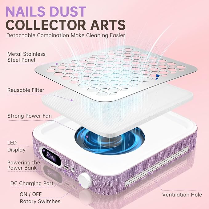Nail Dust Collector, Rechargeable Dust Collector Nail Tech, Powerful Vacuum Fan Vent Dust Collector Extractor Dust Suction Machine for Acrylic Nails Polishing, Nail Salon&Home,Purple-BrightBean Baby