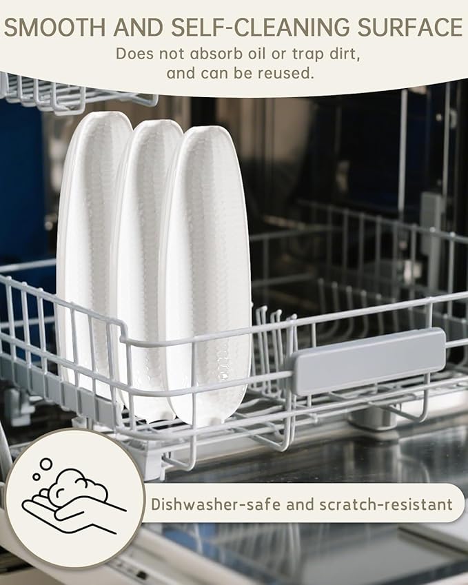 Ceramic Corn Cob Holders, 9" Corn on the Cob Dishes Set of 4, White Corn Cob Dishes with Non-Slip Bottom, With 8 Corn Cob Holders, Microwave Dishwasher Oven Safe