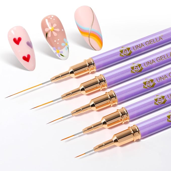 UNA GELLA Nail Art Pens Metallic, Liner Brushes Set For Nail Art Gel Polish, 5Pcs Purple Color, Detail Nail Art Design Painting Brush Set For Nails Gel Fine Drawing Nail Tools, Sizes 7/9/11/15/25mm-BrightBean Baby