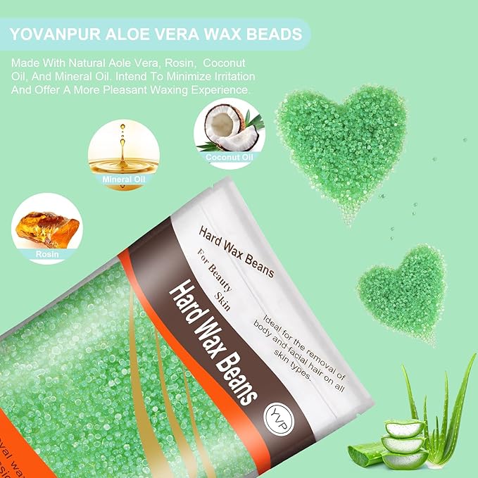 Hard Wax Beads for Brazilian Waxing, At Home Pearl Wax for Bikini, Face, Eyebrow, Legs - 300g (10 Oz) with 10 Wax Spatulas (Light Green-Aloe)-BrightBean Baby