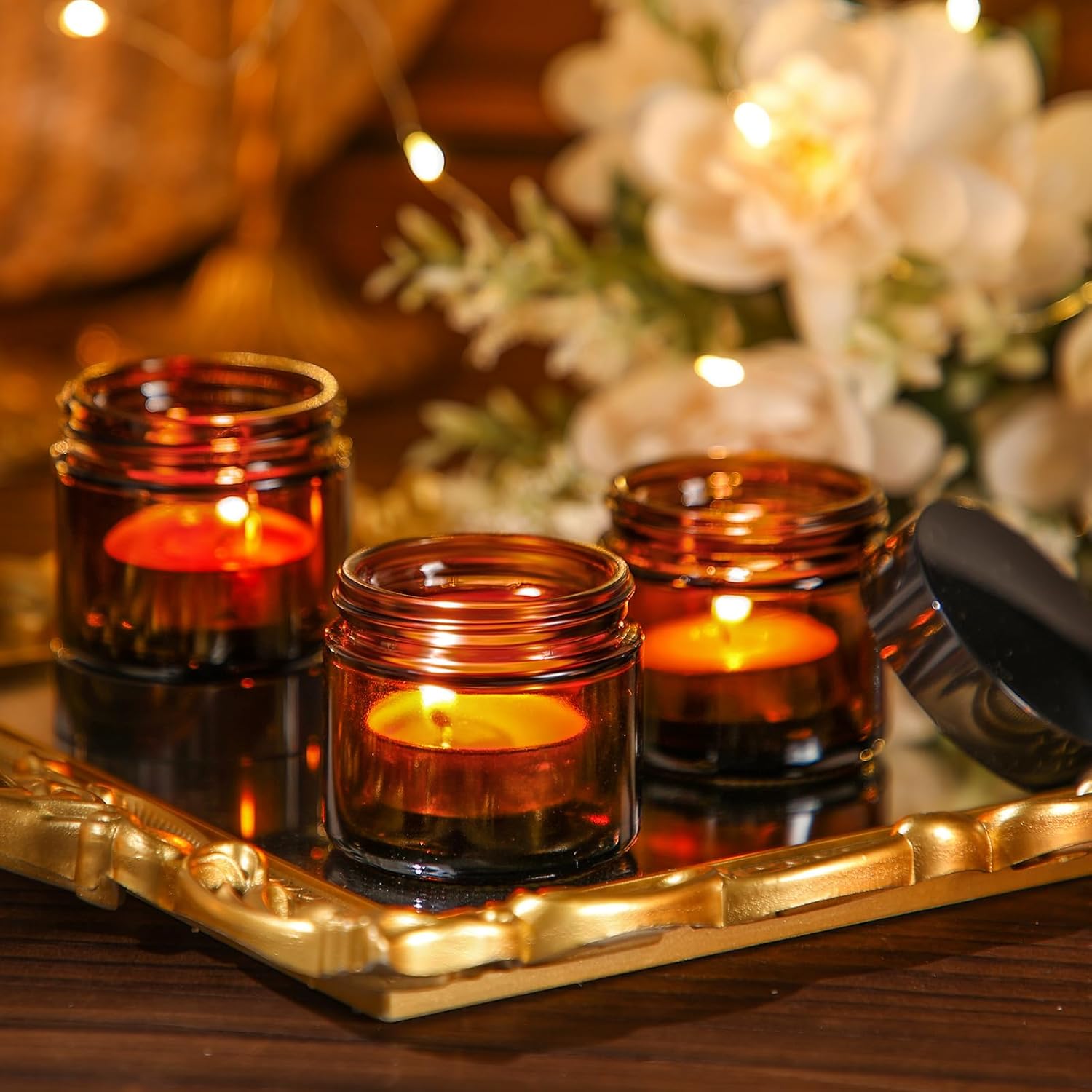 Domensi 48 Pcs 2 oz Glass Jars with Lids Travel Size Round Leakproof Empty Cosmetic Jars with Inner Liners Lid for Storing Makeup Lotions Face Cream Ointments Candle DIY Making (Amber)-BrightBean Baby