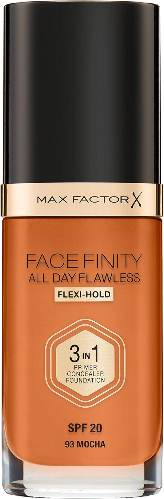 Max Factor Facefinity 3-in-1 All Day Flawless Liquid Foundation, SPF 20-93 Mocha, 30 ml-BrightBean Baby
