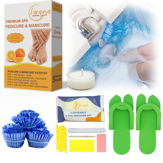 6-Step Foot Care System with Epsom Salt Soak, Callus Remover Gel, Sugar Scrub, Collagen Mask, Shea Butter Lotion, Massage Oil Candle + Disposable Pedicure Kit 5-1, Liner & Slippers. Orange 03 Set-BrightBean Baby