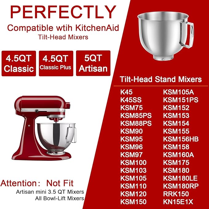 5 QT Stainless Steel Mixer Bowl Compatible with KitchenAid Artisan&Classic Series 4.5-5QT Tilt-Head Mixers K45 KSM70 KSM150 etc. Replacment for KitchenAid Mixer Bowl(Light Weight)