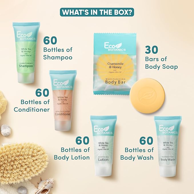 Eco Botanics Hotel Soaps & Toiletries Bulk Set | 0.85oz Hotel Shampoo & Conditioner, Body Wash, Body Lotion & Bar Soap Travel Size | 300 Pieces-BrightBean Baby