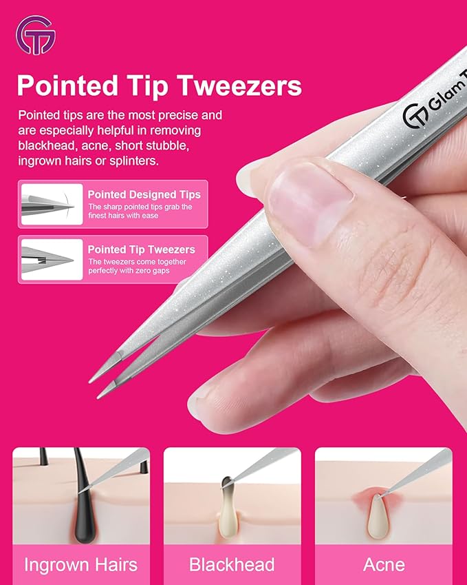 Expert Slant and Point Tip Tweezer Set with Exclusive Storage & Carrying Case, GlamTweeler Sharp & Precision Tweezer Set for Eyebrows, Facial Hairs & Fine Hairs Removal (Sparkle Mint Green + Silver)-BrightBean Baby