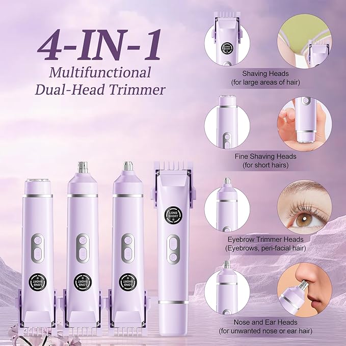 Bikini Trimmer for Women, 4 in 1 Wet/Dry Electric Razors for Women - Dual Head, Painless Rechargeable Portable Womens Razors for Shaving Set for Face, Nose, Eyebrows, Armpits, Bikini Area (Purple)-BrightBean Baby