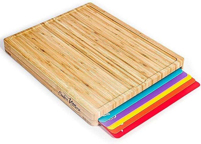 Cutting Boards for Kitchen – Bamboo Cutting Board Set with 6 Color-Coded Flexible Chopping Mats, Easy Clean Wood and Dishwasher-Safe Plastic, Large 17×12, Knife-Friendly by Cooler Kitchen