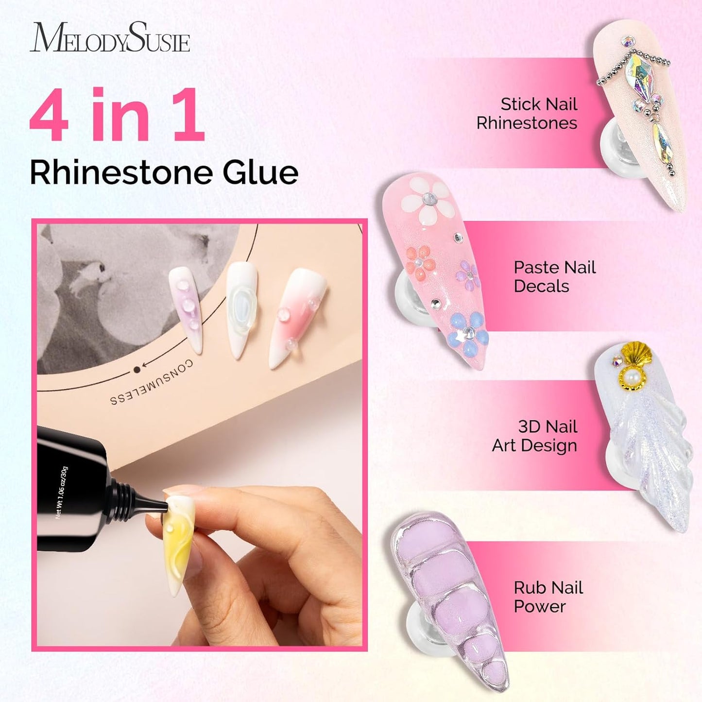 MelodySusie Nail Rhinestone Glue Set, 3D Gel Nail Art Design Strong Adhesive Nail Gem Glue for Nail Charms Gems Jewelry Decoration DIY Manicured at Home Cured Need Beauty Gifts for Women-BrightBean Baby