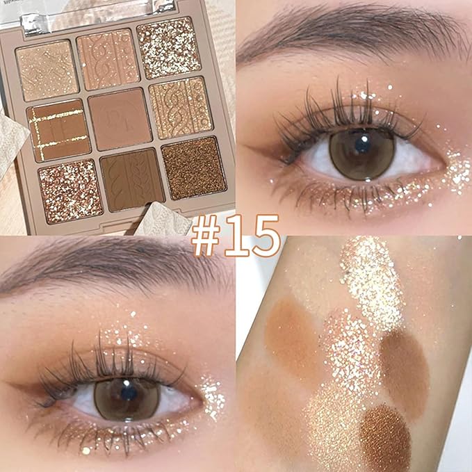 Erinde 9 Colors Eyeshadow Palette, Matte Shimmer Glitter Eye Shadow Makeup Palette, Highly Pigmented Long Lasting Waterproof, Natural Neutral Nude Eyeshadow Makeup Pallet, Cashmere-BrightBean Baby