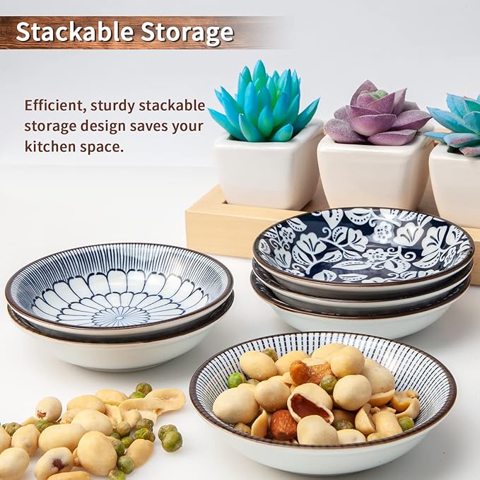 Dipping Bowls, Soy Sauce Dish Ceramic, 3 OZ Small Serving Bowls for Side Dishes Vintage Blue Stylish Design, Set of 6 Mini Appetizer Plates for Condiment Sushi Ketchup BBQ Party, 4 Inch