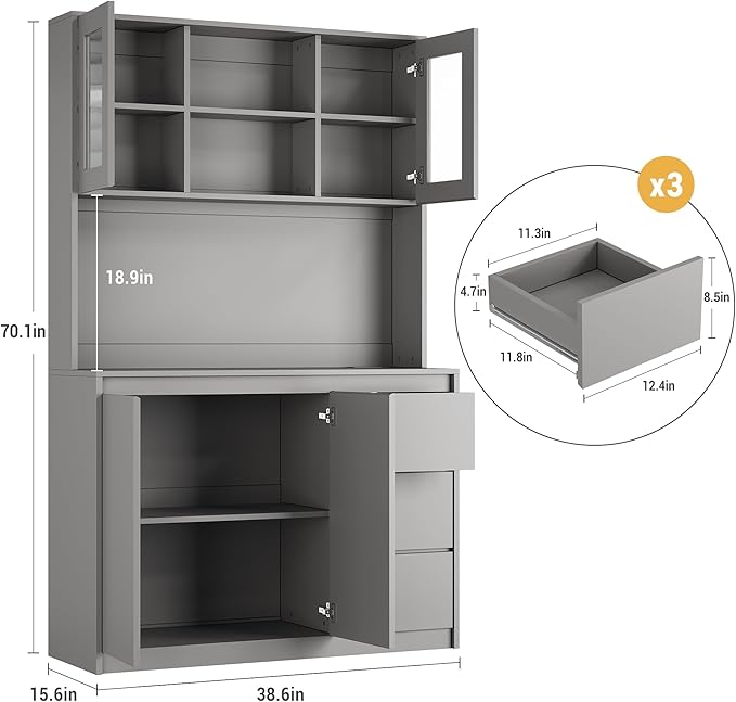 Garvee Kitchen Pantry Cabinet,71 in Tall Storage Cabinet with Doors&Shelves Adjustable, Kitchen Storage Hutch with Microwave Shelf, Led Lights&Charging Station,Corner Pantry Cabinet