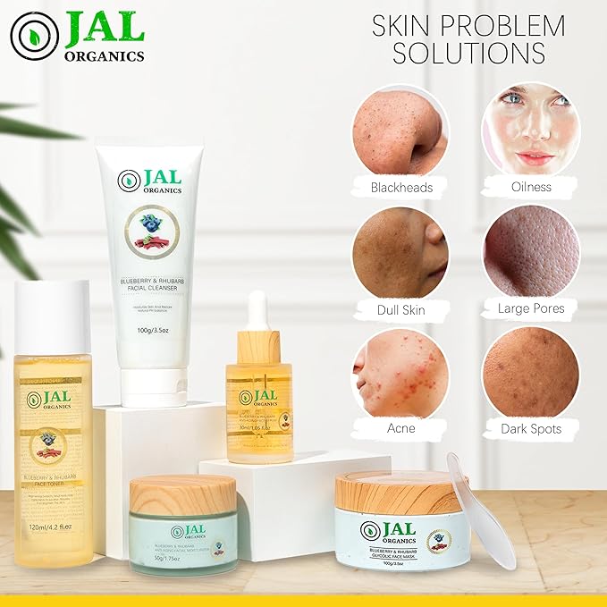 5 in 1 Blueberry & Rhubarb Korean Skin Care Set, Face Moisturizer, Glycolic Clay Face Mask, Serum, Cleanser & Toner for All Skin Types, Anti Aging Skin Care Sets & Kits, Facial Routine Kit for Women-BrightBean Baby