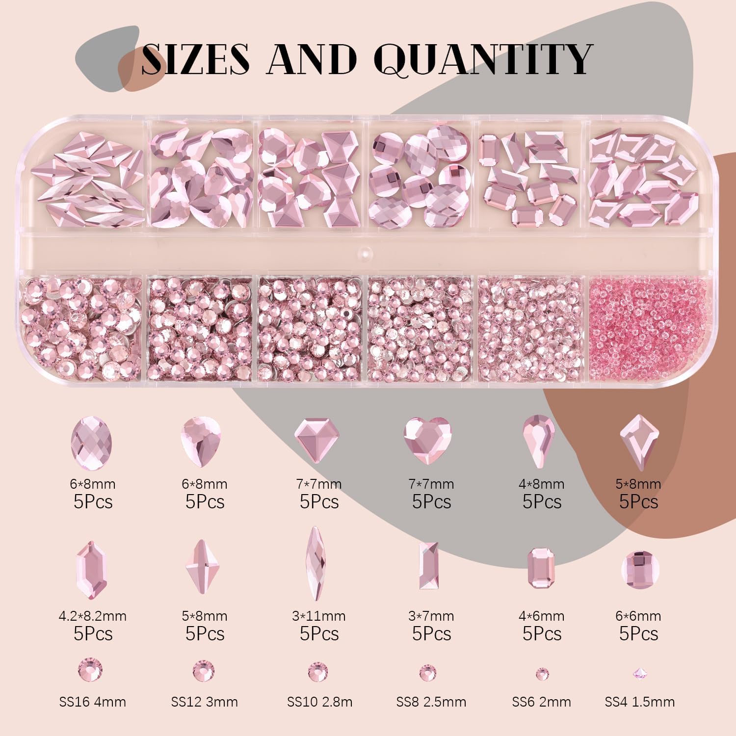 2060Pcs Pink Glass Nail Rhinestones 60Pcs Multi Shapes Flatback Nail Gems + 2000Pcs 1.5-4mm Round Crystal, Manicure Nail Charms Diamond Gemstones for Acrylic Nails Decoration-BrightBean Baby