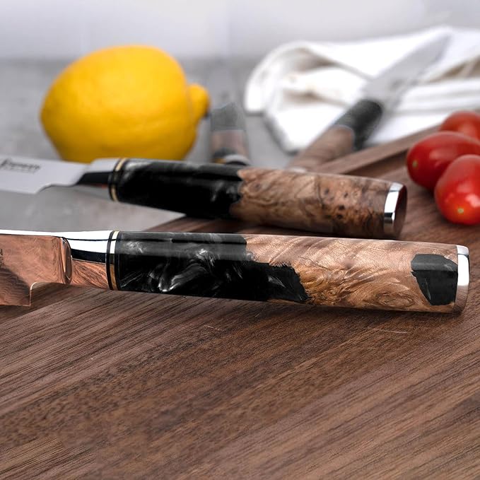 SENKEN Damascus Steak Knife Set - Black Tsunami Collection - 67-Layer Japanese VG10 Steel - Razor Sharp Non-Serrated Blades, Black Resin & Burl Wood Handles, Luxury Gift Box