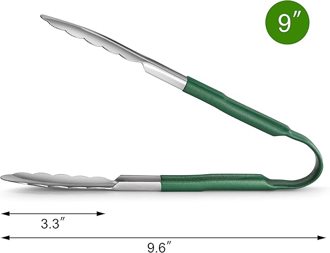 New Star Foodservice 35865 9-Inch Utility Spring Tongs, Stainless Steel, Vinyl Coated, Set of 12, Green