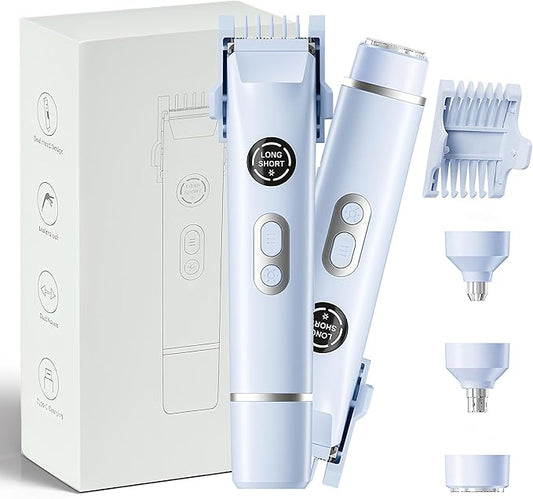 Upgrade Dermave Bikini Shaver, Dual Head 4 in 1 Bikini Trimmer for Women, IPX7 Waterproof Wet & Dry Use Electric Razor with Led Light and Display for Nose, Eyebrow, Bikini, Body (Blue)-BrightBean Baby