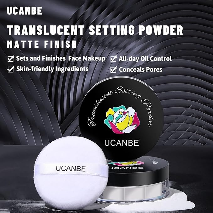 UCANBEMAKUP Long Lasting Makeup Setting Spray Kit- 6.76 Fl oz Hydrating Matte Finish Mist Lightweight Face Make up Fixer +Translucent Loose Setting Powder+2PC Sponge Puff Set-BrightBean Baby