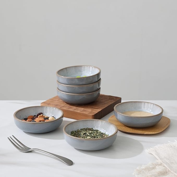 famiware Nature Ceramic Soy Sauce Dish, Dipping Bowls Set of 6, 3 oz Dipping Sauce Bowls/Dishes/Cups/Plates, Small Serving Bowls for Side Dishes, Condiments, Sushi, Appetizer, Dessert, Light Blue