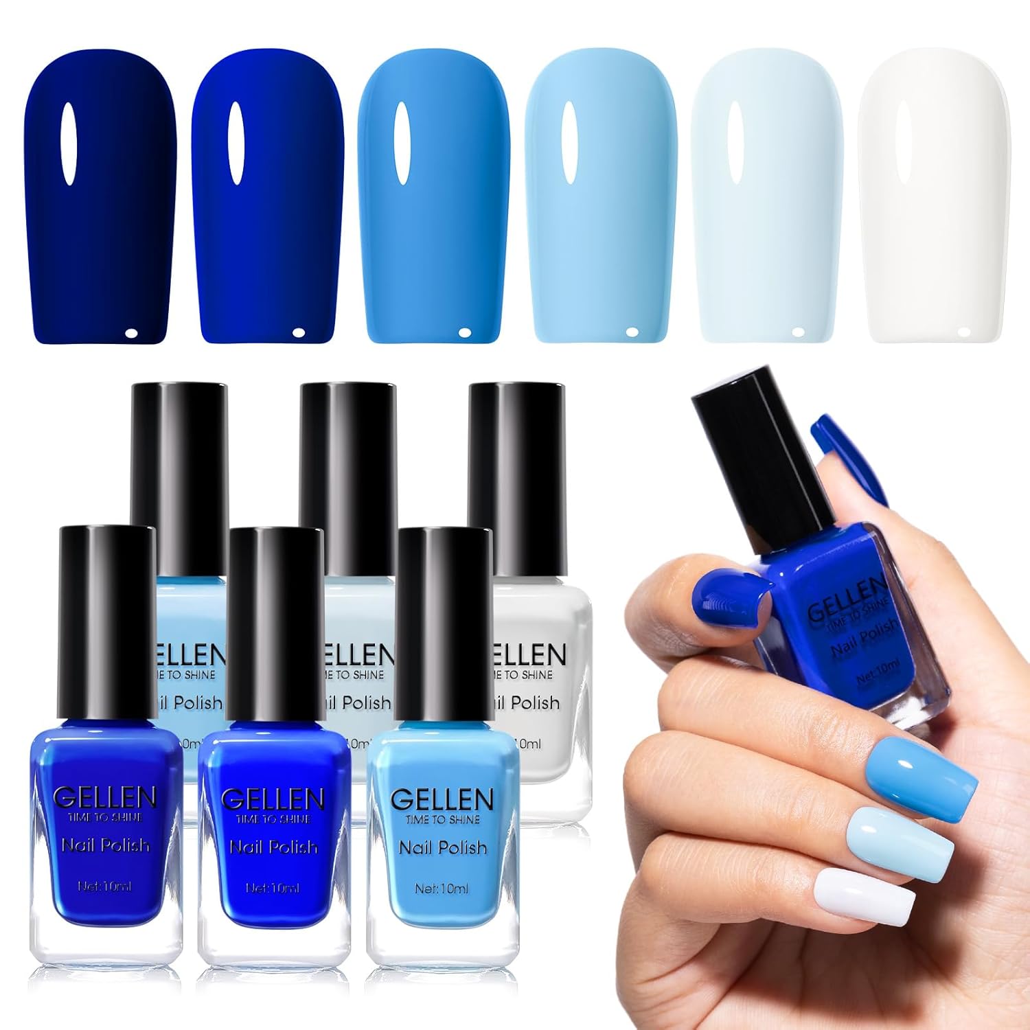 GELLEN Blue Nail Polish, Bright Navy Royal Baby Ocean Cobalt Blue White 6 Colors Set, insta Air Dry Natural Traditional Regular Nail Polish for Acrylic Natural Nails Salon Home, Non UV Gel, Hema Free-BrightBean Baby