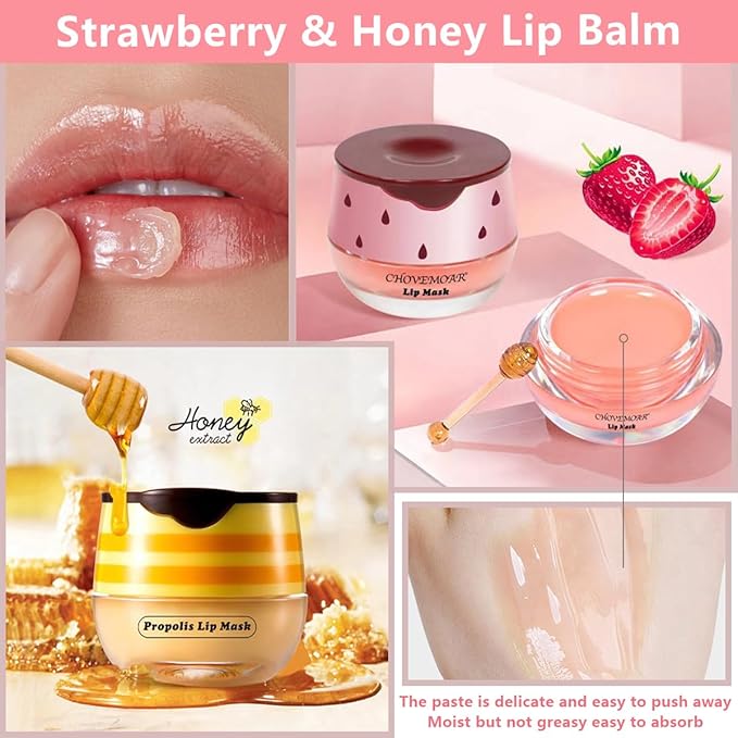 2 Pcs Strawberry & Honey Lip Balm, Lip Mask with Stick, Moisturizing Lip Sleeping Mask Day & Night Lip Care - Hydrate Repair Prevent Dry Cracked Exfoliate (Honey+Strawberry)-BrightBean Baby